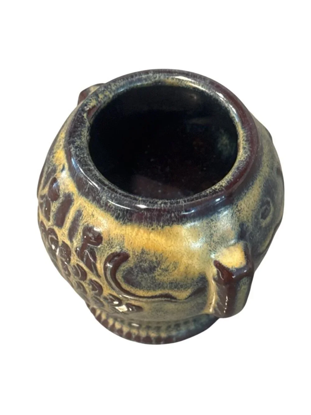 Vintage Canadian Art Pottery Glazed Ceramic Vase Embossed Elephant Signed